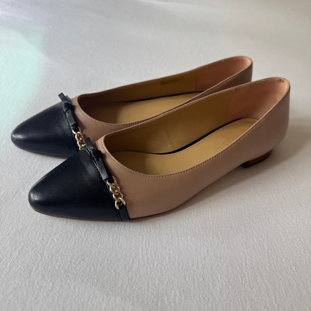 Talbots Ballet Flats 9 Beige Black Leather Two Tone Pointed Toe Gold Chain Bow